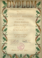 Dyplom Antoniego Wicherka z okazji 15-lecia Radomskiej Orkiestry Symfonicznej (10 lutego 1969)