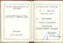 Medal 30-lecia Polski Ludowej - legitymacja (22 lipca 1974)