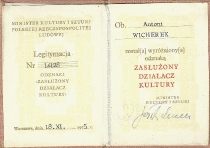 Odznaka Zasłużony Działacz Kultury - legitymacja (18 listopada 1975)