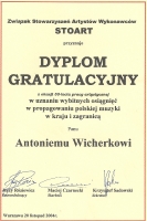 Dyplom gratulacyjny dla Antoniego Wicherka z okazji 50-lecia pracy artystycznej od Związku STOART (20 listopada 2004)