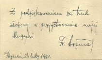 Bilecik od Franciszka Woźniaka po prawykonaniu jego Muzyki na smyczki, fortepian i perkusję (Poznań, 24 lutego 1961)