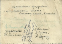 Bilecik od artystów-kolegów do Antoniego Wicherka po premierze Konsula w Teatrze Wielkim w Warszawie (30 grudnia 1971)