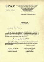 List o przyznaniu tytułu Zasłużony Członek SPAM (26 kwietnia 2008)