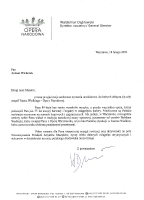 List z życzeniami na 80. urodziny od Waldemara Dąbrowskiego, dyrektora Teatru Wielkiego - Opery Narodowej (18 lutego 2009)