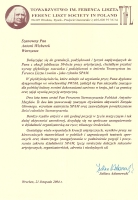 List z gratulacjami z okazji 50-lecia pracy artystycznej od Juliusza Adamowskiego, prezesa Towarzystwa im. Ferenca Liszta (21 listopada 2004)