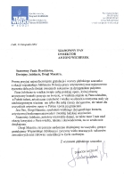 List z gratulacjami z okazji 50-lecia pracy artystycznej od Wojciecha Skupieńskiego, dyrektora naczelnego Teatru Wielkiego w Łodzi (22 listopada 2004)