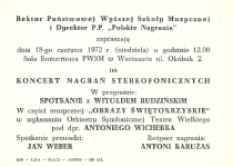Koncert nagrań w PWSM w Warszawie - zaproszenie z programem (1972)