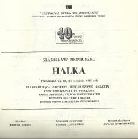 Halka - strona tytułowa programu - premiera: Państwowa Opera we Wrocławiu, 21 września 1985