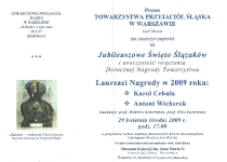 Jubileuszowe Święto Ślązaków - zaproszenie Towarzystwa Przyjaciół Śląska w Warszawie - Muzeum Kolekcji im. Jana Pawła II w Warszawie, 29 kwietnia 2009